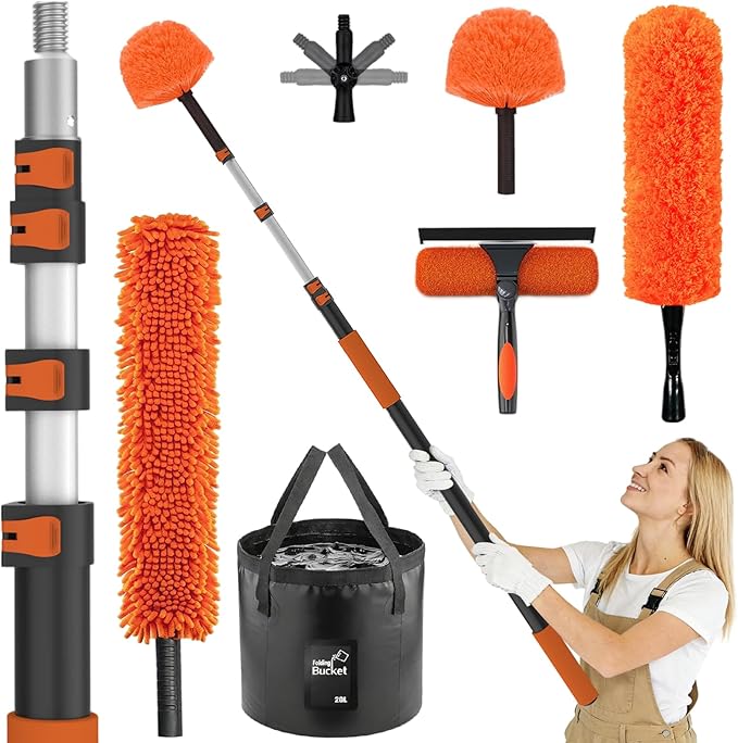 20FT High Reach Duster Cleaning Kit with Extension Pole, High Ceiling Fan Cleaner Duster Tool for Fan Blades, Window Washing Kit with Microfiber Feather Duster & Window Squeegee & Bucket