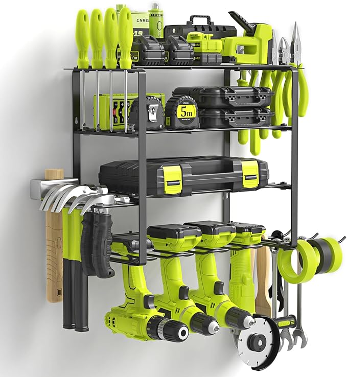 Power Tool Organizer, 4 Drill Holder Wall Mount, Garage Tool Organizer and Storage with Screwdriver Holder, Garage Organization, 4 Layer Cordless Drill Holder with Hammer Holder