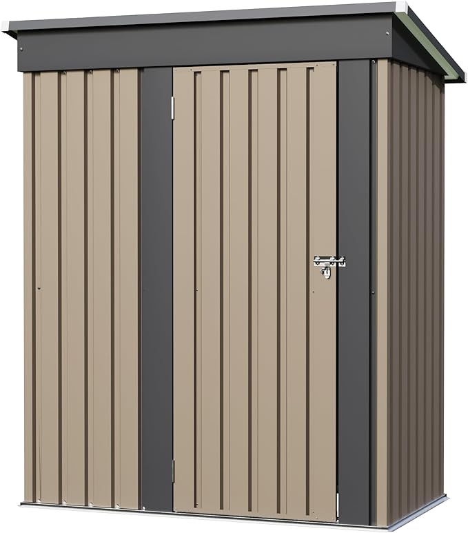 JUMMICO Metal Outdoor Storage Shed 5 x 3 FT Metal Shed with Lockable Door,Waterproof Garden Tool Shed Storage House for Backyard Patio Lawn, Brown