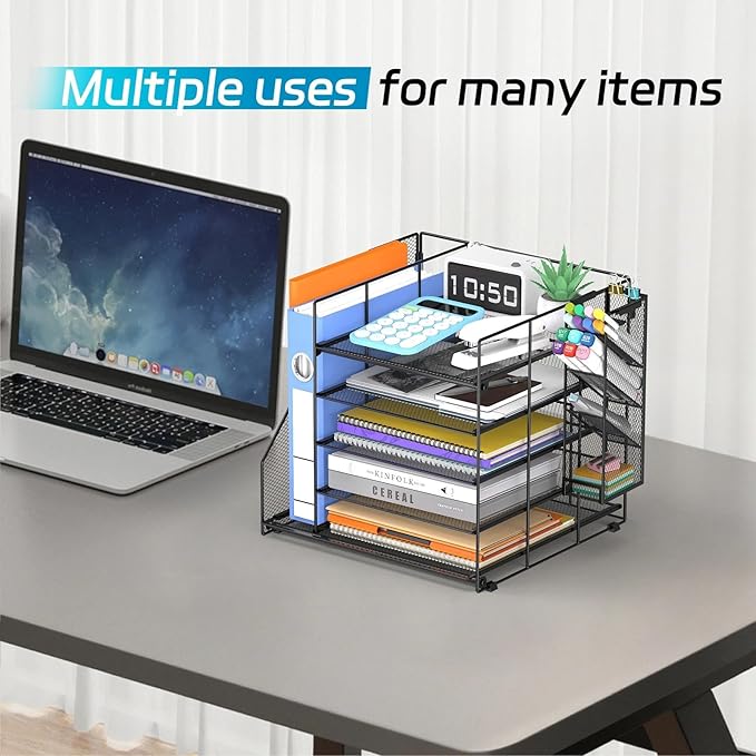 5-Tier Paper Organizer + File Holder + 4 Pen Holders, Desk Organizer Paper Letter Tray for Home, Office and School Supplies, Black