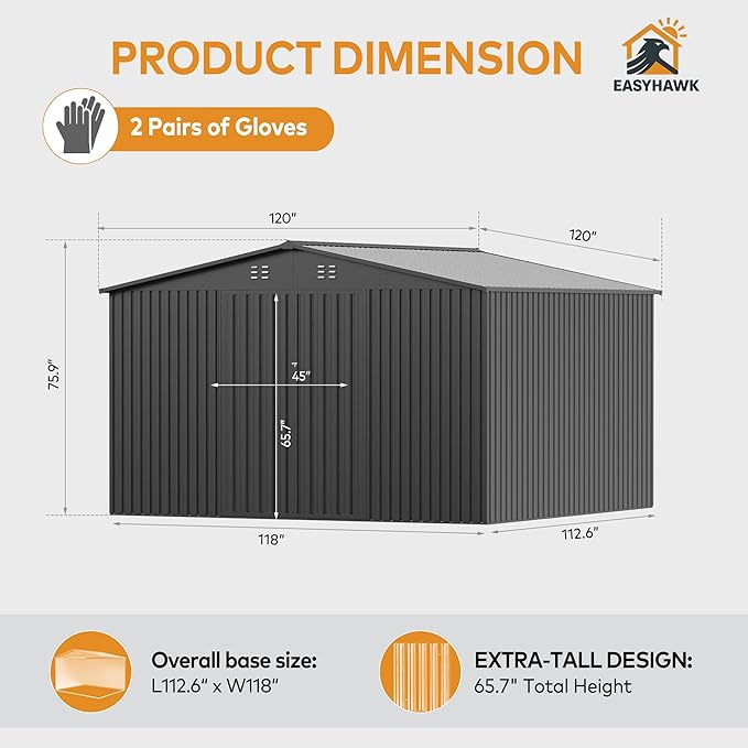 10 x 10 FT Outdoor Storage Shed, Metal Waterproof Storage Shed Steel Utility Garden Tool Shed with Door & Lock Outdoor Storage for Garden Patio Lawn Poolside Black