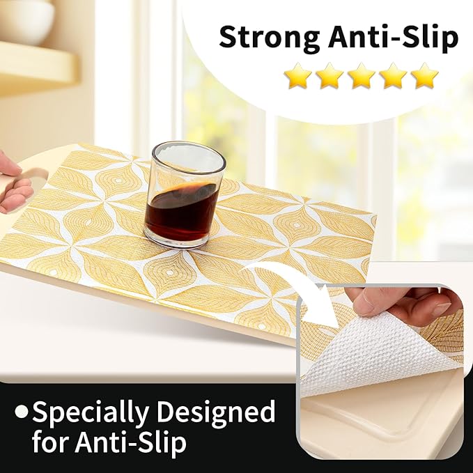 Shelf Liners for Kitchen Cabinets 17in x 20FT, Non Adhesive Cabinet Liner Strong Non-Slip Golden Leaf Drawer Liner, Easy to Clean for Shelf, Cabinet with Knife and Tape Measure