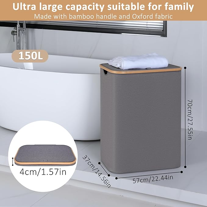 150L Laundry Hamper with Lid-Large Laundry Basket with Bamboo Handles, Grey Hampers for Laundry, Dirty Clothes Hamper with 2 Removable Inner Bags for Clothes Toys Towels