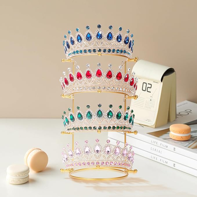 Crown Display Stand, Jewelry Organizer Stand 4-Layer, Metal Necklace Display Holder, Vintage Headband Display, Gold Headdress Storage Rack Display for Crown Hairband Necklace Jewelry