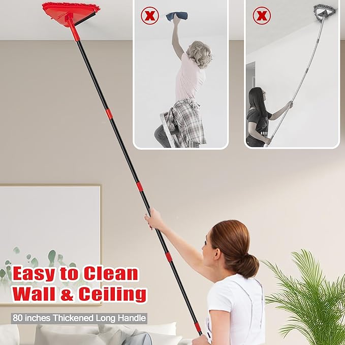 NEWE Wall Mop Cleaner with 80 inches Long Handle, 180° Folding Ceiling Cleaning Tool with Squeegee for Washing Painted Walls, Triangle Baseboard Scrubber with 3 Chenille Duster and 3 Microfiber Pads