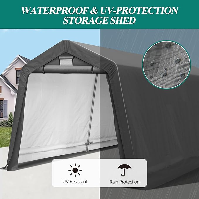 GARTOO 8' x 14' Outdoor Storage Shelter Shed- Heavy Duty Storage Tent with Roll-up Ventilated Windows, Portable Garage Zipper Storage shed for Bike, ATV, Motorcycle Shelter, Gray