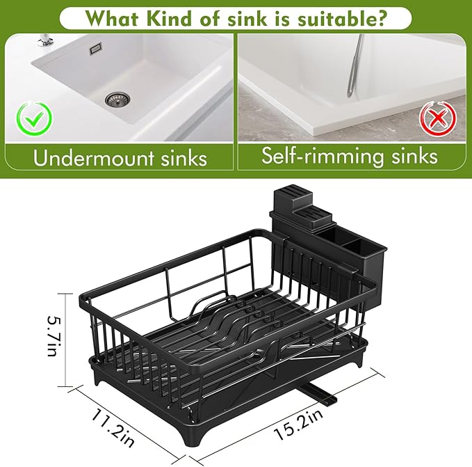 Dish Drying Rack - Space-Saving Small Dish Rack for Kitchen Counter, Rust-Resistant Kitchen Drying Rack, Compact Dish Drainer Organizer with Utensil Holder for Home Kitchen, Black