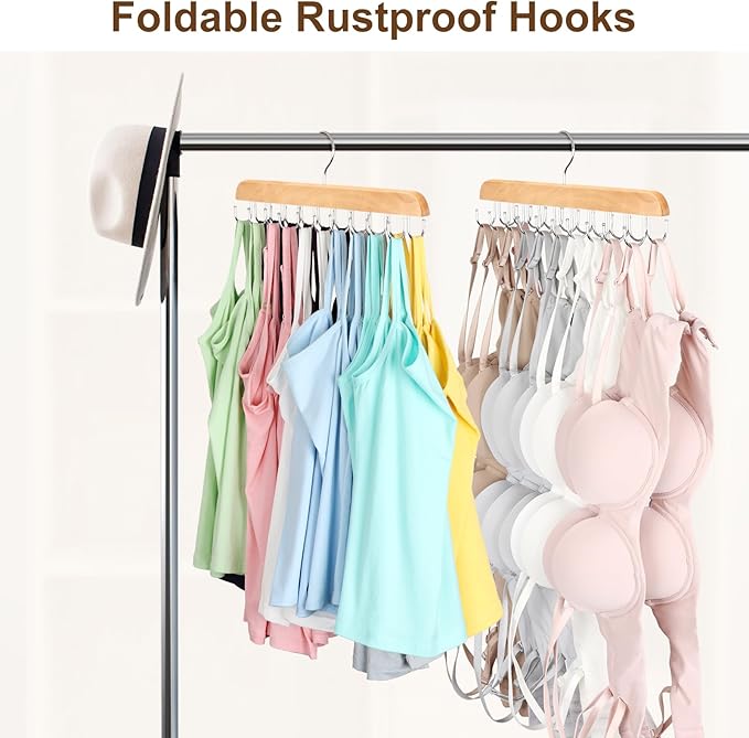 Bra Hanger for Closet, Tank Top Organizer 20 Hooks Capacity Foldable Wood Space Saving Hanger Closet Organizers and Storage for Dorm & Apartment for Tank Top, Hats etc.-2 Pack