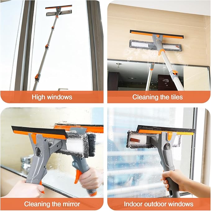 Eazer 3-in-1 Spray Window Squeegee, 76'' Window Cleaner Tool with 5-Section Extension Pole, Window Cleaning Kit with 4 Microfiber Cloth, Window Washing Equipment for Indoor/Outdoor Windows, Car Glass