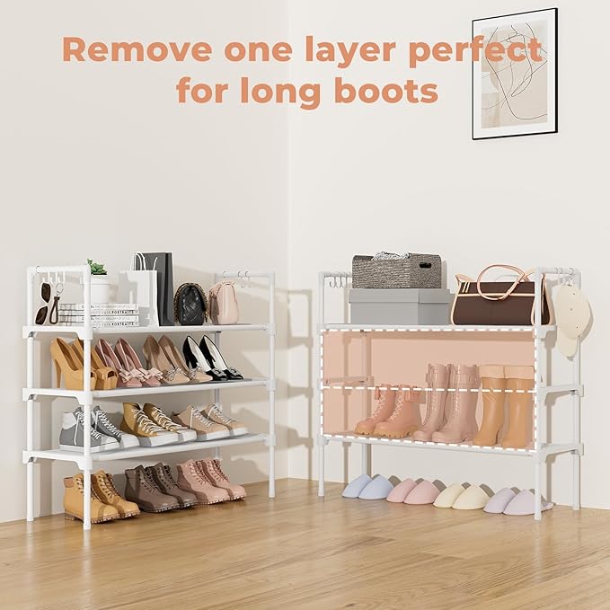3 Tier Shoe Rack for Closet, Shoe Organizer with 5 Hooks, Long Shoe Shelf Storage for Shoe and Boot Stackable Free Standing Shoe Rack for Entryway, Garage, Small Spaces, Dorm, White
