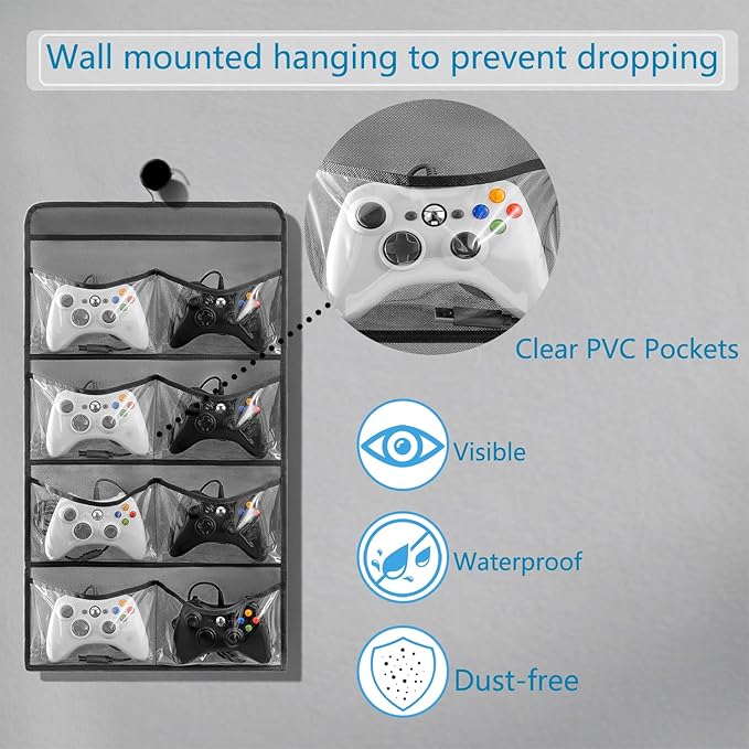 Hanging Controller Holder Classroom Headset Headphone Storage Bag Switch Game Organizer for Gaming Accessories Electronic Supplies X-box PS5 PS4 (8 Pockets)