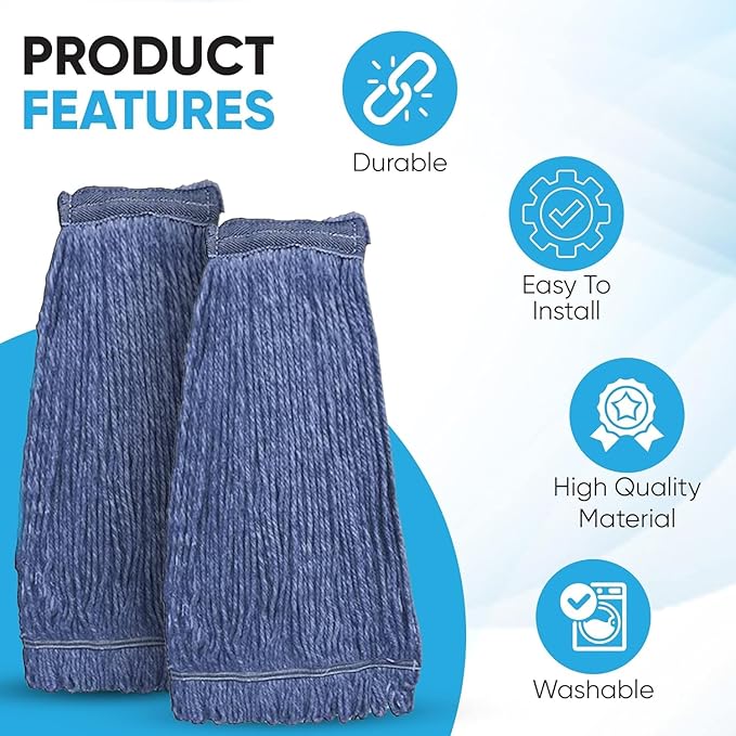 20oz Heavy Duty Cleaning Mop Head Replacement - Commercial Replacement, Wet Industrial Blue Cotton Looped End String Head Refill (10 Pack)