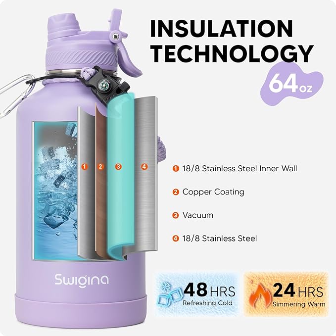 [2-IN-1 LID] 64 oz Insulated Water Bottle with Silicone Boot (48hrs Cold/24hrs Hot) - DIY Stickers, Leakproof, BPA Free, Half Gallon