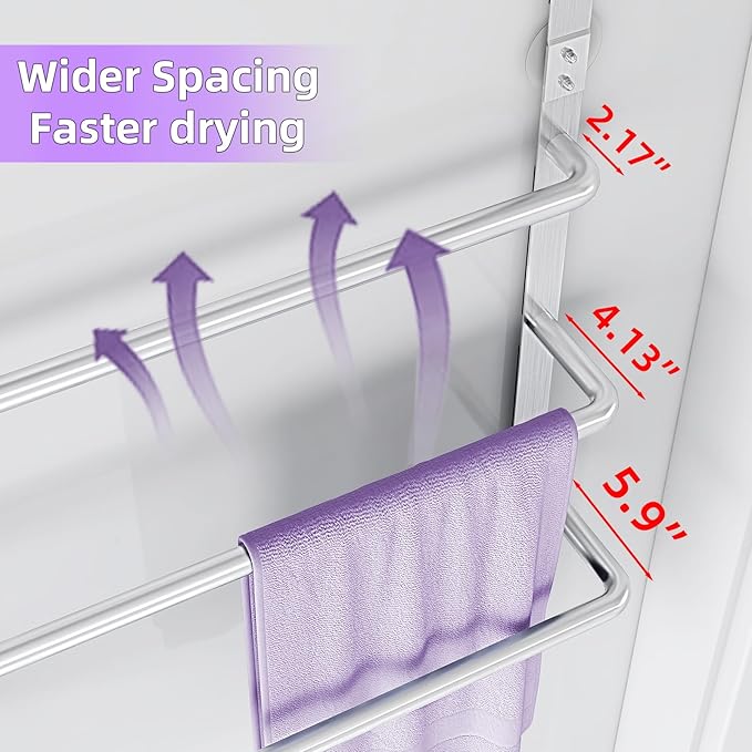 Over The Door Towel Rack, 304 Stainless Steel Towel Rack, 3 Tier Towel Bar for Hanging Towels, 16 Inch Over Door Towel Storage Holder for Bathroom, Brushed Silver