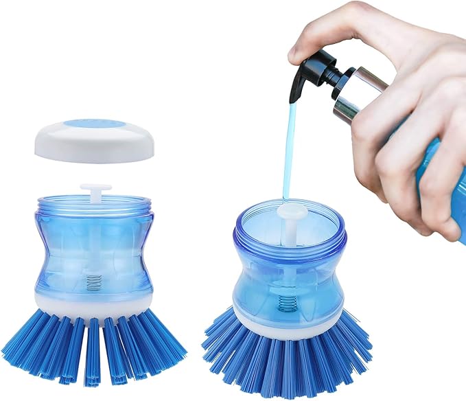 Dish Brush with Soap Dispenser for Dishes Pot Pan Kitchen Sink Scrubbing, Blue 2 Pack