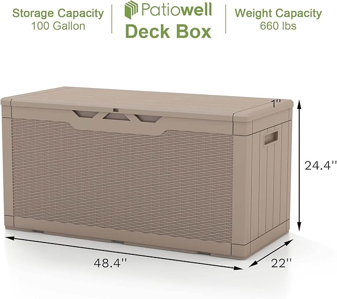 Patiowell 100 Gallon Outdoor Resin Deck Box, Waterproof Large Storage Box for Patio Furniture, Pool Accessories, Garden Tools and Sports Equipment, Lockable, Light Brown