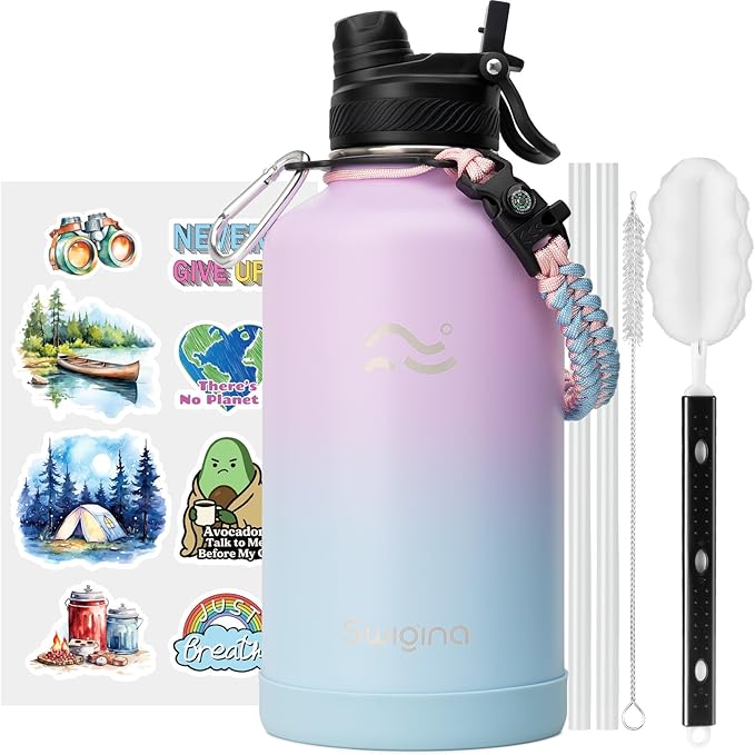 [2-IN-1 LID] 64 oz Insulated Water Bottle with Silicone Boot (48hrs Cold/24hrs Hot) - DIY Stickers, Leakproof, BPA Free, Half Gallon