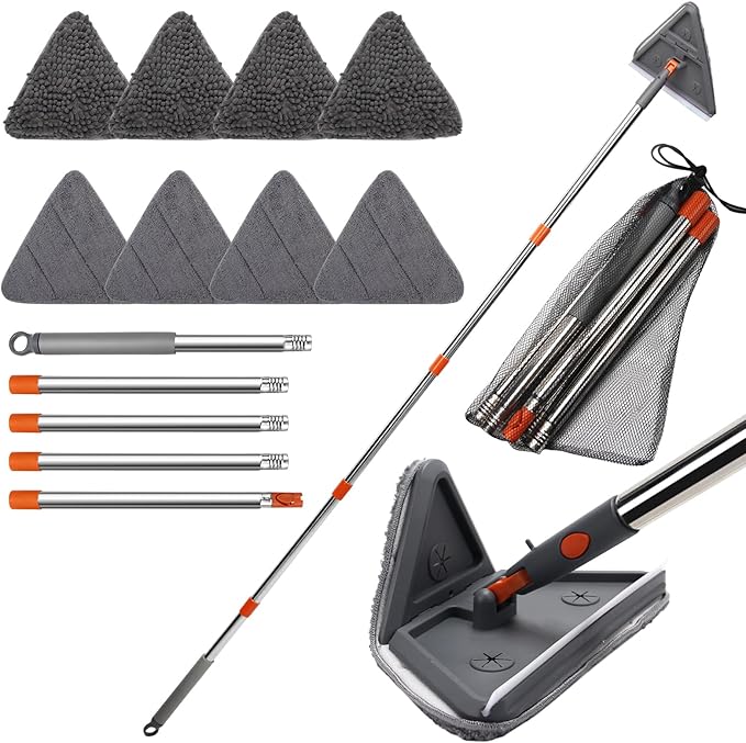 Wall mop Cleaner with 8 Replacement Pads,Wall Cleaning mop with Extension Pole 29" to 85",360° Folding Rotating Baseboard Cleaner Tool with Long Handle for Painted Walls, Window, Floor,Ceiling