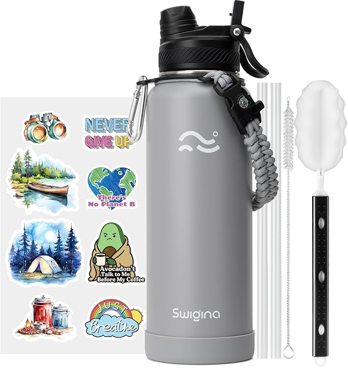 [2-IN-1 LID] Insulated Water Bottle with Silicone Boot (36hrs Cold/18hrs Hot) - DIY Stickers, Leakproof, BPA Free, 40 oz
