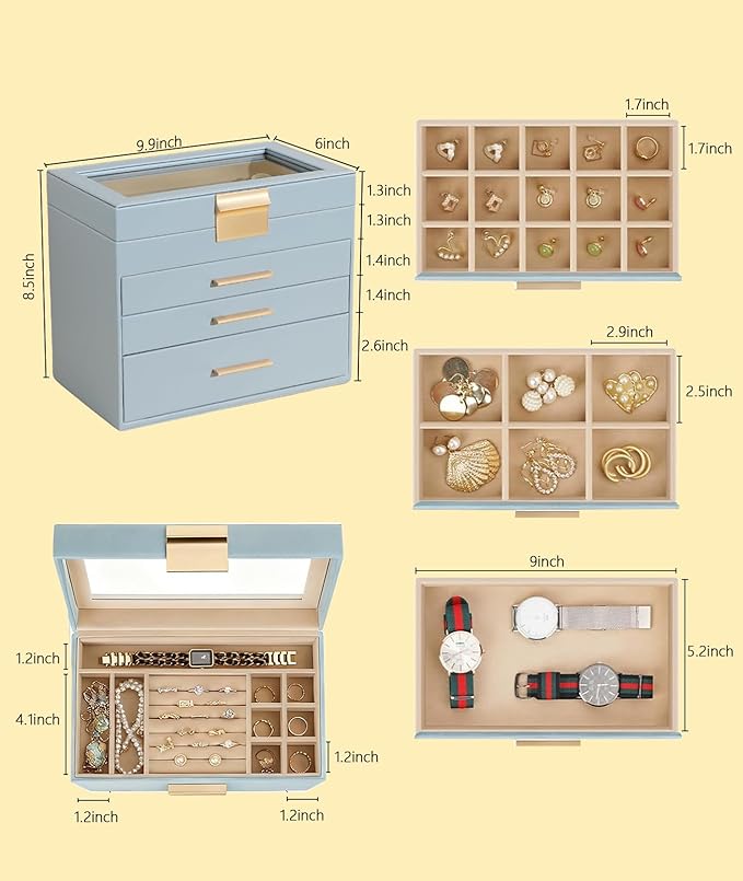 5 Layer Jewelry Box for Women, Glass Lid Jewelry Organizer with 5 Drawers for Necklaces Rings Earrings Bracelets - White (Gray blue)