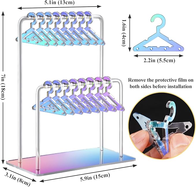 NiHome Acrylic Earring Holder with Unique Double-Tiered Design, Miniature Clothing Hangers with Spacious Storage for 48 Pairs, Mirror-Finish Display for Home Vanity & Retail Showrooms (Iridescent)