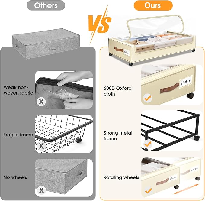 Under Bed Storage with Wheels 2Pack Underbed Storage with Clear Window&Label Under Bed Drawers Large Capacity Rolling Under Bed Storage for Clothes,Shoes, Blankets (Beige)