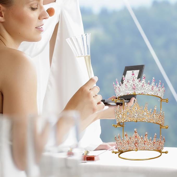 3-Tiers Tiara Holder, Bridal Crown Display Stand, Metal Headband Storage Organizer, 6.9x7.7 Jewelry Holder Organizer for Girl Women Gifts Headband Holder, 3 Layer
