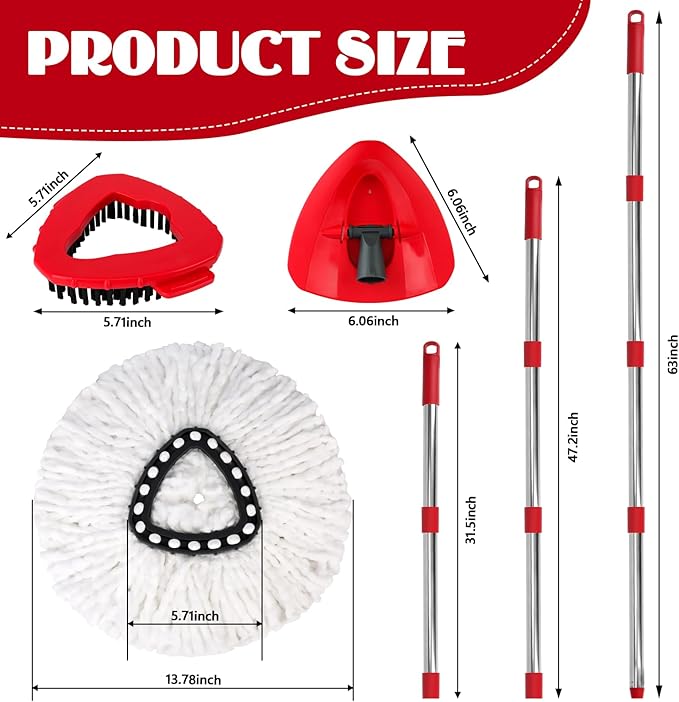 Spin Mop Replacement Set for O-Ceda EasyWring 1-Tank System, 16 Microfiber Spin Mops Refills,1 Scrubber Head,1 Triangle Spin Base,and(31-63in) Adjustable Handle Set Combo