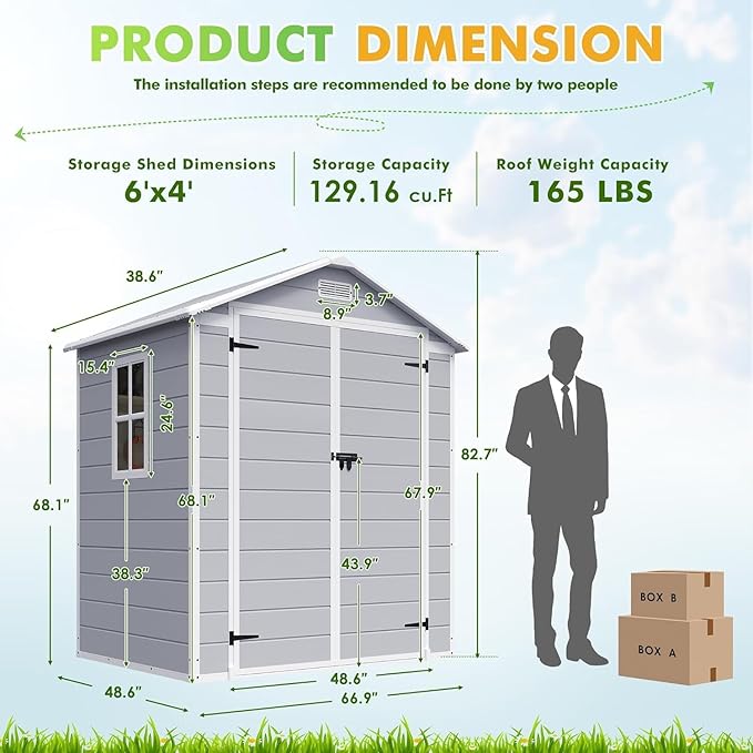 Devoko 6 x 4 FT Plastic Outdoor Storage Shed with Floor, Resin Garden Shed with Window, Outside Waterproof Tool Shed with Lockable Door for Backyard, Patio, Poolside, Light Grey