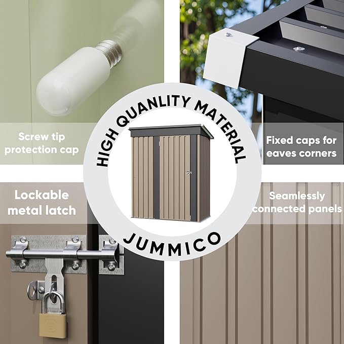 JUMMICO Metal Outdoor Storage Shed 5 x 3 FT Metal Shed with Lockable Door,Waterproof Garden Tool Shed Storage House for Backyard Patio Lawn, Brown