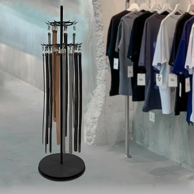 Tie Rack, Belt Organizer Display Stand, Rotating Accessory Holder, 2-Tier 31 Hooks Design, Heavy Duty Storage Solution, Perfect for Closet Retail Boutique Store Use, Modern Black Metal Construction