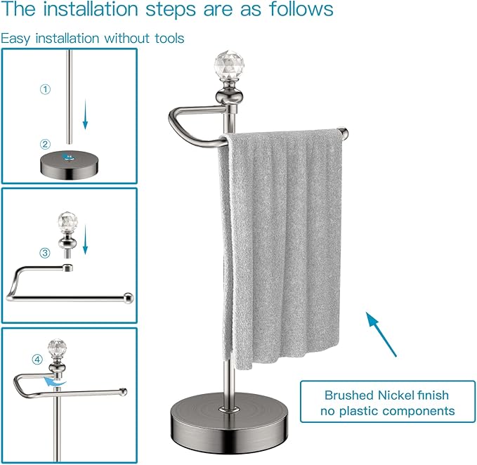 Heavy Weighted Hand Towel Holder with Crystal Ball - Stand, 15.7'' Tall, Brushed Nickel