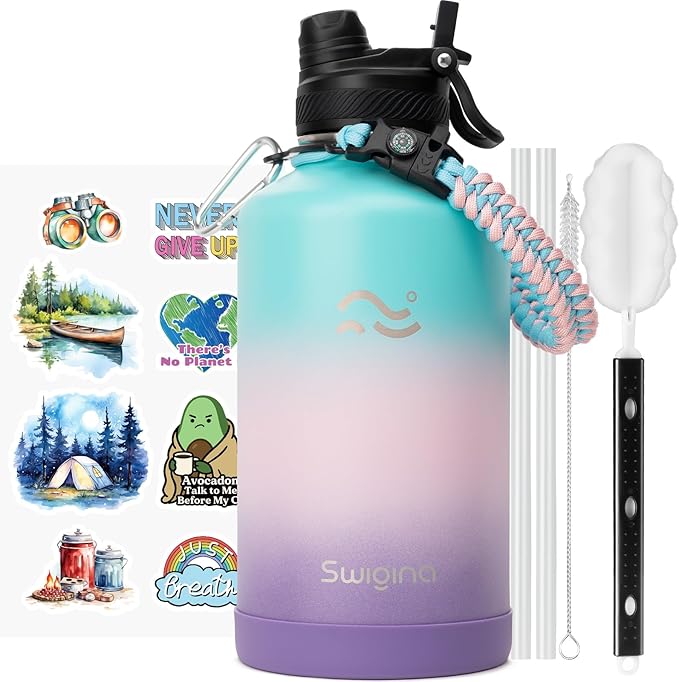 [2-IN-1 LID] 64 oz Insulated Water Bottle with Silicone Boot (48hrs Cold/24hrs Hot) - DIY Stickers, Leakproof, BPA Free, Half Gallon