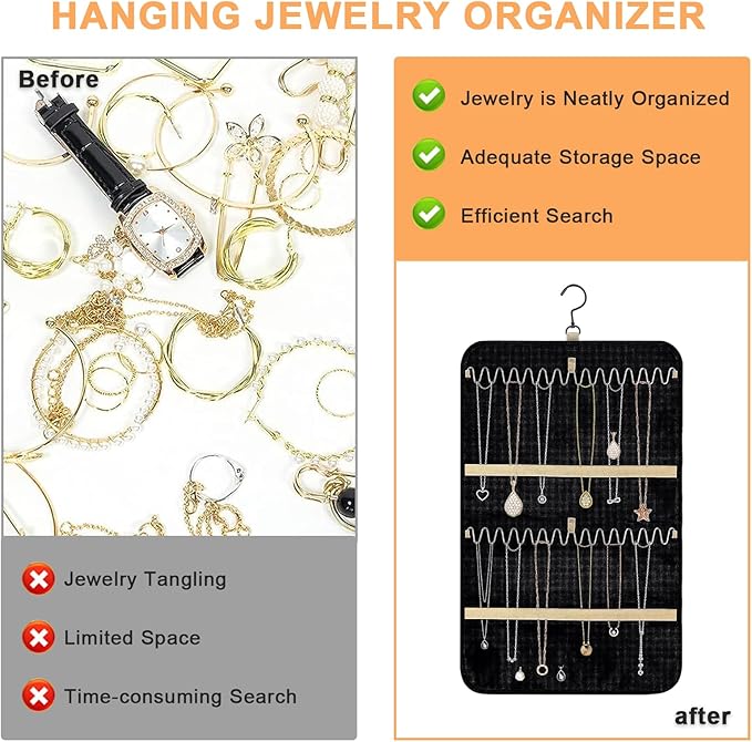 Longzhuo Jewelry Organizer, 2 Sided Necklace Holder, with 360 Degree Rotating Hook, Jewelry Holder for Travel, Earrings, Necklaces, Rings on Closet, Wall, Door, Black (12.99 x 21.65 inches)