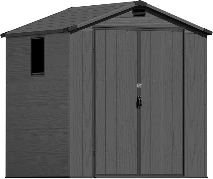 Greesum 6x6FT Plastic Outdoor Storage Shed with Floor, Resin Sheds with Lockable Double Door, Tool Sheds with Window and Vents, for Garden, Backyard, Patio, Dark Gray