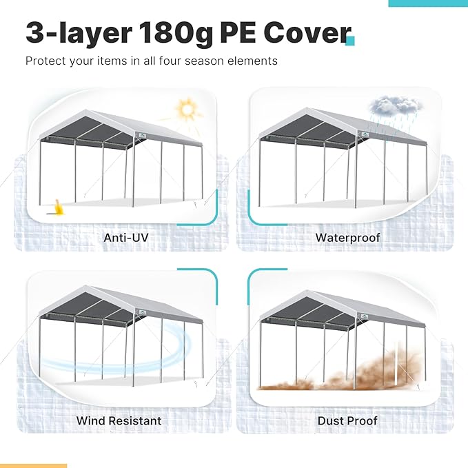 ADVANCE OUTDOOR 10x20 ft Heavy Duty Carport Potable Car Canopy Garage Party Tent Boat Shelter, Adjustable Height from 9.5 ft to 11 ft - Gray