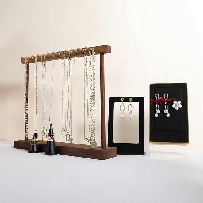 GemeShou Medium necklace hanger shelf with 12 copper bars, Wooden jewelry storage organizer rack for hanger necklace bracelet, necklace display stand for boutique store【Walnut】