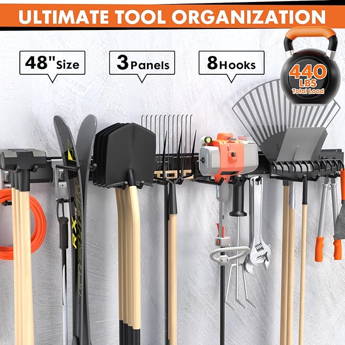 48" Garage Tool Organizer Wall Mount, 440lbs Heavy Duty Metal Storage Rack | Adjustable Hooks Garden Tool Organization System | Anti-Rust Shed Holder for Hanging Rake, Broom, Shovel, Snowboard