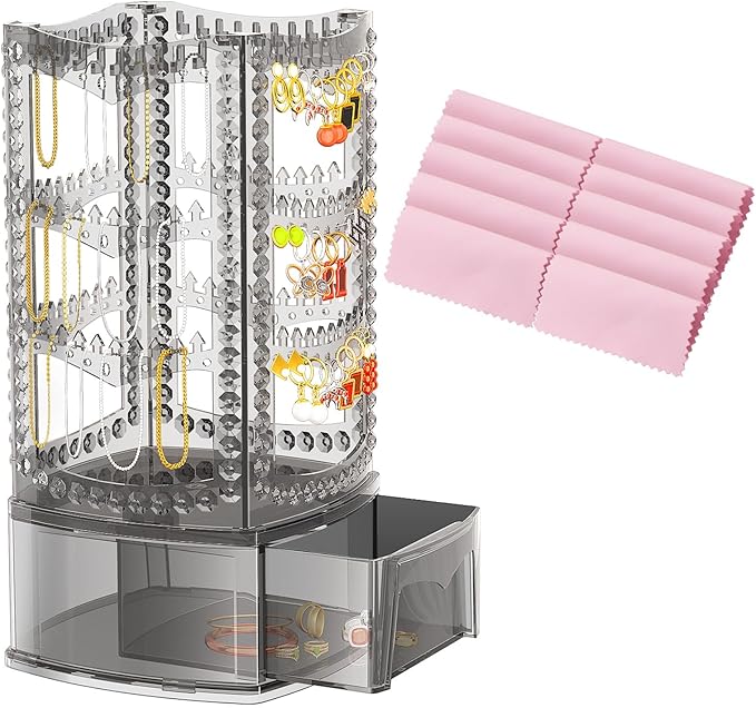 Hanging Jewelry Organizer with 10 Silver Polishing Cloths, Jewelry Holder with 156 Holes and 160 Grooves for Earring, Necklaces, Bracelet with Rotating Hanger, Easy Assembly (Gray)