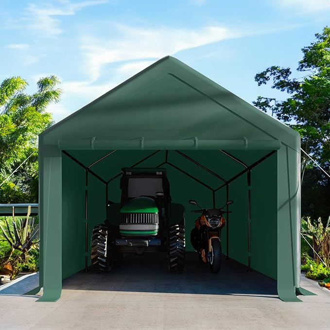 Carport 10x20 Ft Heavy Duty Canopy Steel Canopy Storage Shed,Portable Party Tent,Portable Garage with Removable Sidewalls & Doors All-Season Tarp for Carport Floor Fixing (Green)