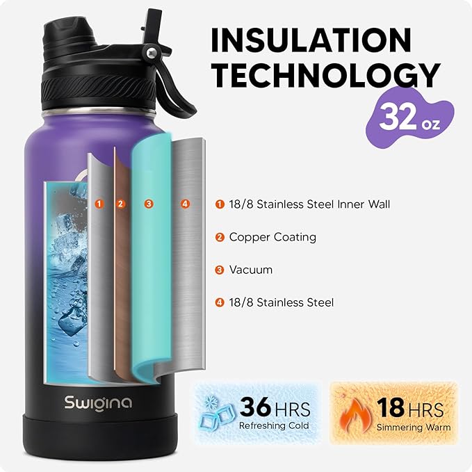 [2-IN-1 LID] Insulated Water Bottle with Silicone Boot (36hrs Cold/18hrs Hot) - DIY Stickers, Leakproof, BPA Free, 32 oz