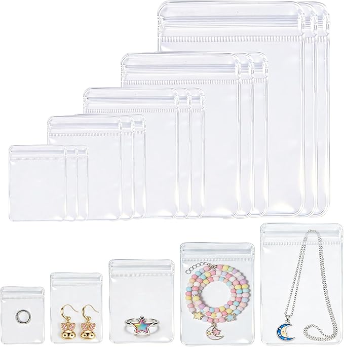 150 Pcs Jewelry Storage Bags with Anti Tarnish Strips, 5 Size Clear Self Sealing Organizer Bags for Earrings, Rings, Bracelets, Travel, Silver Protection
