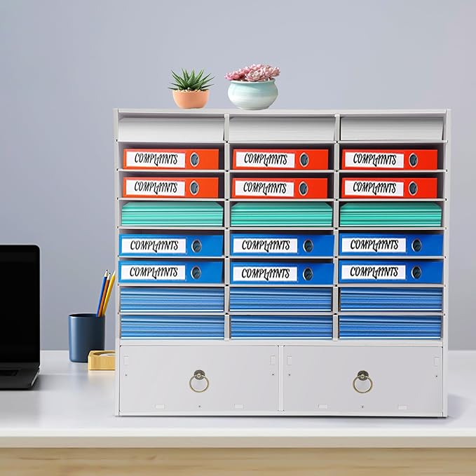 Literature Organizer, 24-Compartment Paper Organizer with 2 Drawers, Storage Cabinet, Mail Sorter for Office Classroom Home, Adjustable Shelves & Lockable Design (White)