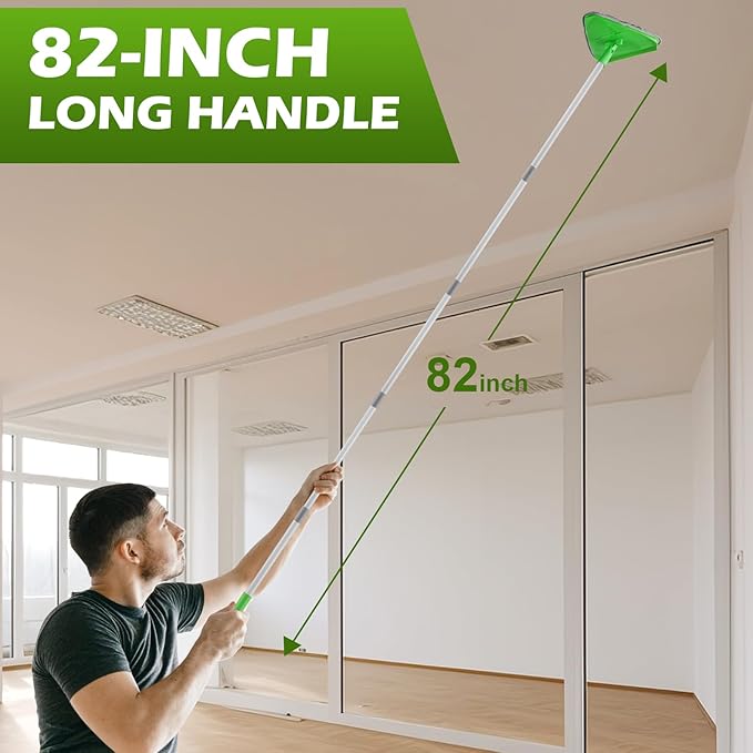 RONSUNG Wall Cleaner Triangle Mop with 82'' Long Handle - Wall Scrubber, Cleaning Washer Tool with 6 Pads for Clean Walls, Ceiling, Windows, Floors, Baseboards (Green)