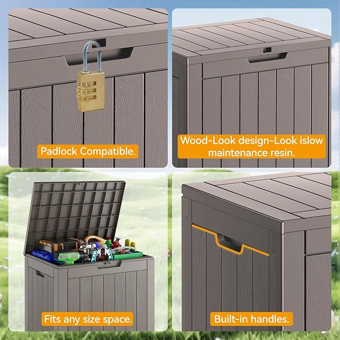 KAMABOKO Deck Box, 32 Gallon Resin Indoor and Outdoor Storage Boxes Waterproof for Garden Tools, Pool Accessories Storage Bench, Patio Furniture and Cushions with Lockable Lid, Grey