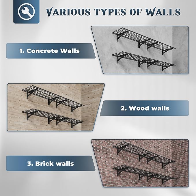 4 Pack Heavy Duty Garage Wall Shelving Set (1.5x4ft), Wall Mounted Garage Shelves 1400lbs Capacity, 18"x96" Shelf Storage Rack Floating Shelves, Black