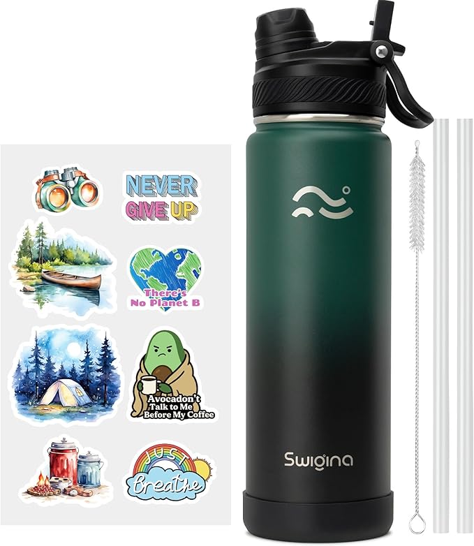 Insulated Water Bottle with Silicone Boot (36hrs Cold/18hrs Hot) - DIY Stickers, [2-in-1 Lid], BPA Free, 24 oz