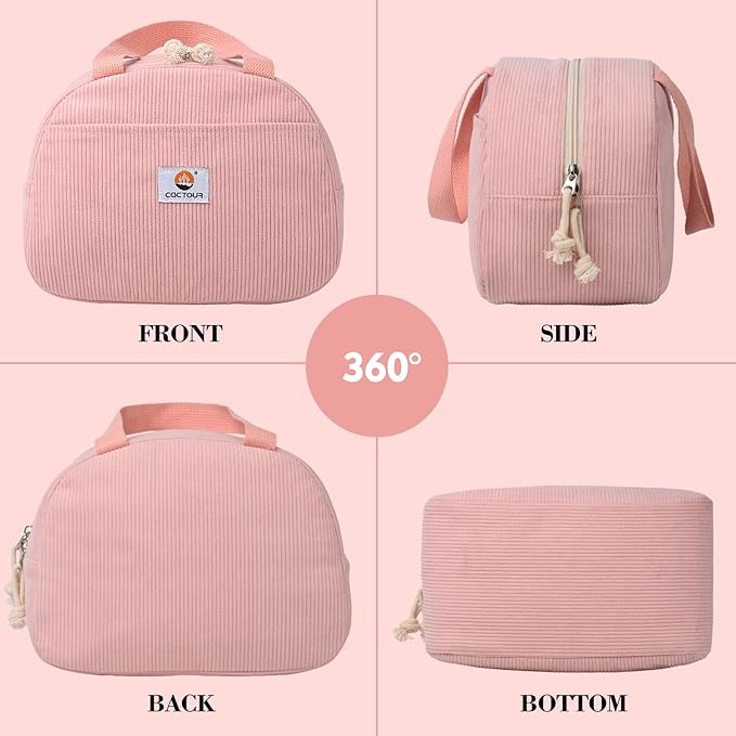 Lunch Box Lunch Bag for Women Girls Teens, Cute Lunch Box Cooler Bag, Portable Small Insulated LunchBox Reusable Corduroy Lunch Tote for Work/Travel/Picnic/School(Pink)