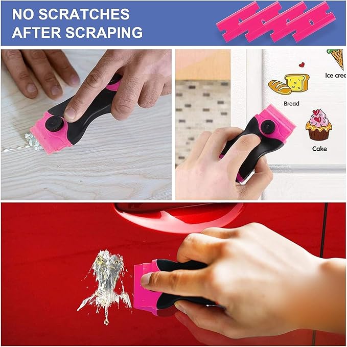 DEKEones Razor Blade Scraper, Double Edged Razorblade Scraping Tool with 10 Pcs Razor Blades, Paint Scraper for Glass, Decals, Tint, Stickers, Labels, Caulk, Adhesive(Pink)