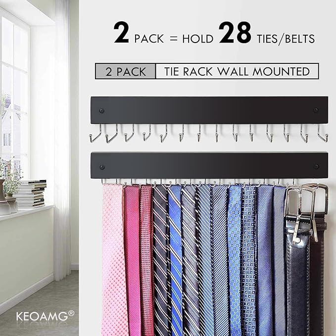 2Pack Tie Rack Wall Mounted, Wooden Belt Hanger Tie Organizer for Men with 28 Folding Hooks, Space Saving Tie Holder and Belt Rack for Closet Wall Mount, Black